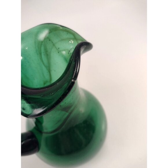 Vintage Hand-Blown Emerald Green Glass Pitcher Vase Jug Curved Handle SIGNED - Picture 7 of 11
